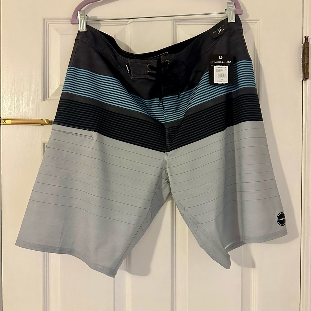 New O'Neill Men’s Gray & Blue Striped Swim Trunks XL